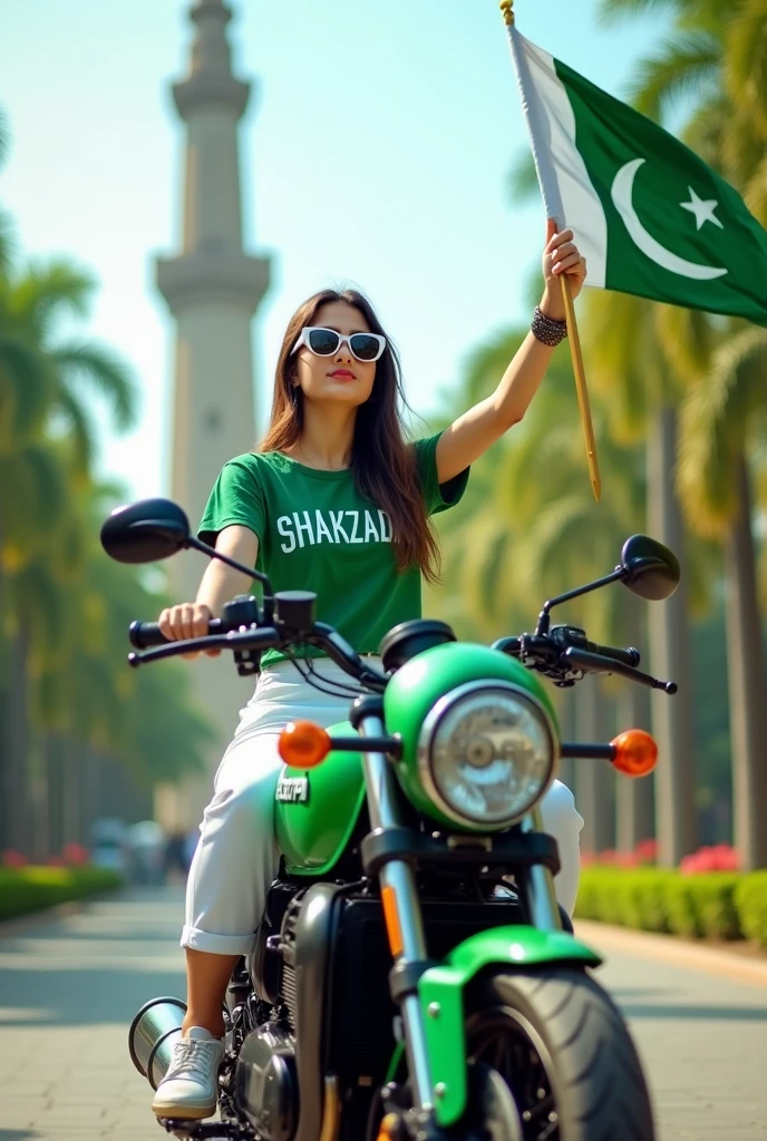×
SeaArt
wearing a green  colour shirt with name khanzadi

  and dark blue paint with  pakistani flag  in background about 20 years old girl wearing dead
black glasses
standing with  sport bike which green colour  