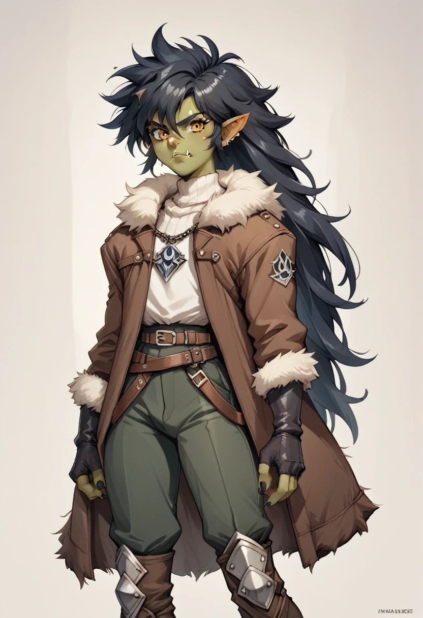  a Young adult berserker half orc jacked femboy dnd marauder jade skin, equipped with a black blade curse sword,thick,adventurer suit,fur coat in an 90’s style. He’s a young man with long hair,long ponytail messy hair, a serious expression,dynamic poses.The scene has a adventurous,dark mood,Lodoss war/planescape torment/Berserk style and a vibrant tone.