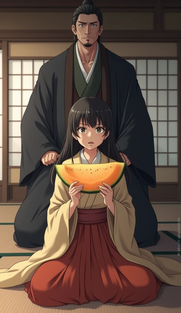  "Nene, sitting in a tatami room, is holding a slice of melon close to her face with a skeptical look. Toyotomi Hideyoshi, in the background, looks panicked, realizing the mistake he made with the fruit."
