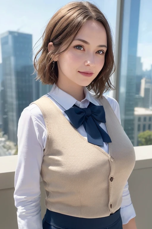 1girl, matured female, vest, bow, realistic, (best quality,4k,8k,highres,masterpiece:1.2),ultra-detailed,(realistic,photorealistic,photo-realistic:1.37),HDR,UHD,studio lighting,extreme detail description,professional,vivid colors,bokeh,office,buildings from window,detailed background,diffused sunlight,depth of field