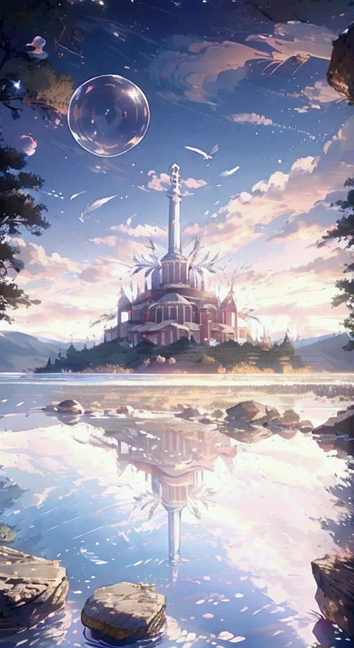((Starry Sky))、((Multiple Bubbles))、((View only))、((Feathers scatter))、((There is a lake and rocks))