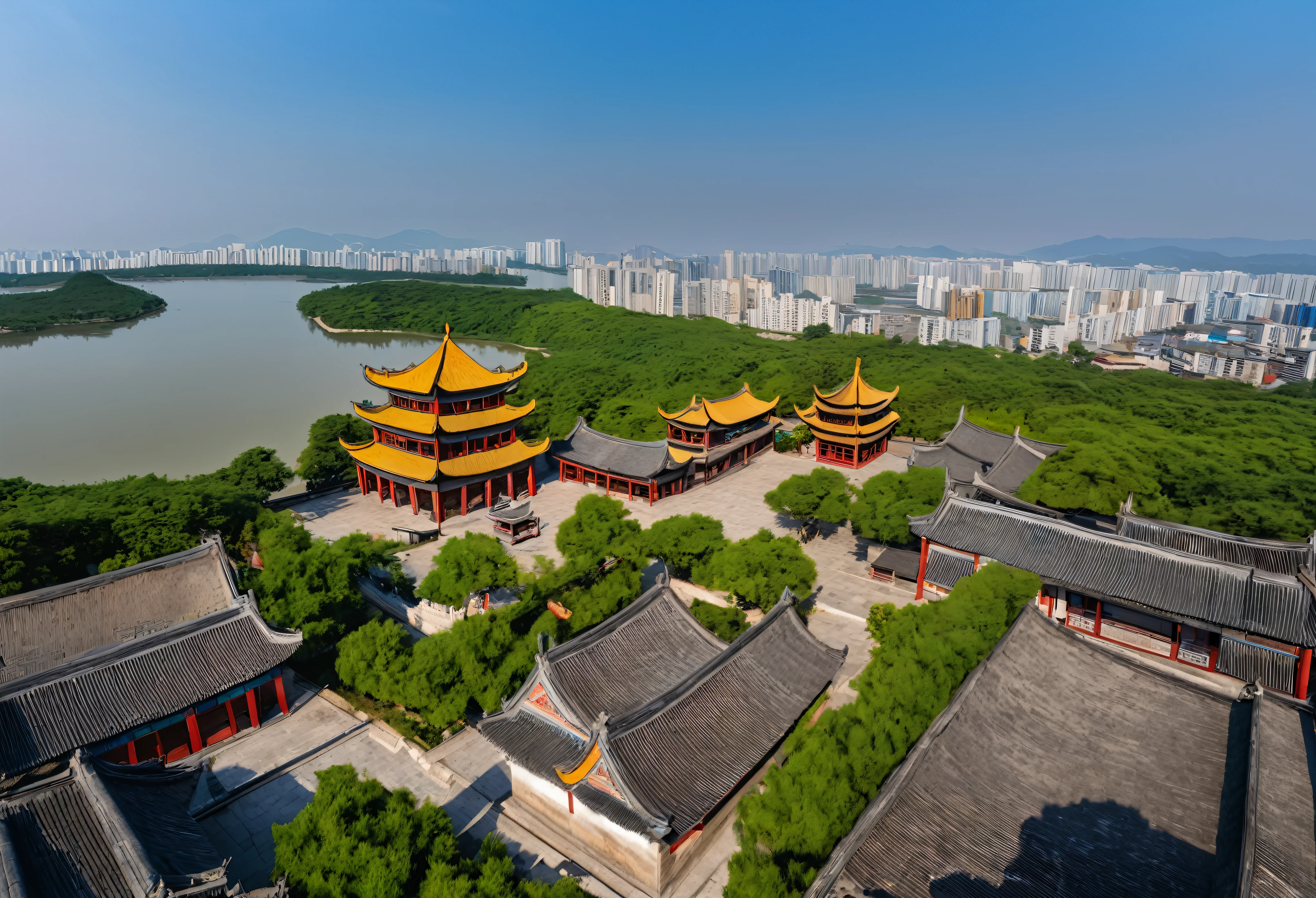 Alafud View,A city with a lake can be seen, old Chinese building, Photo showing, Beigushan, Zhenjiang, Cityscape shot from drone, panorama, Watch from above, Full view, sha xi, baotou china,old Chinese building,old Chinese building,ultra HD;Ultra-high quality;Ultra-high resolution;ultra HD画质;Ultra-high resolution,evening,Sunset sky