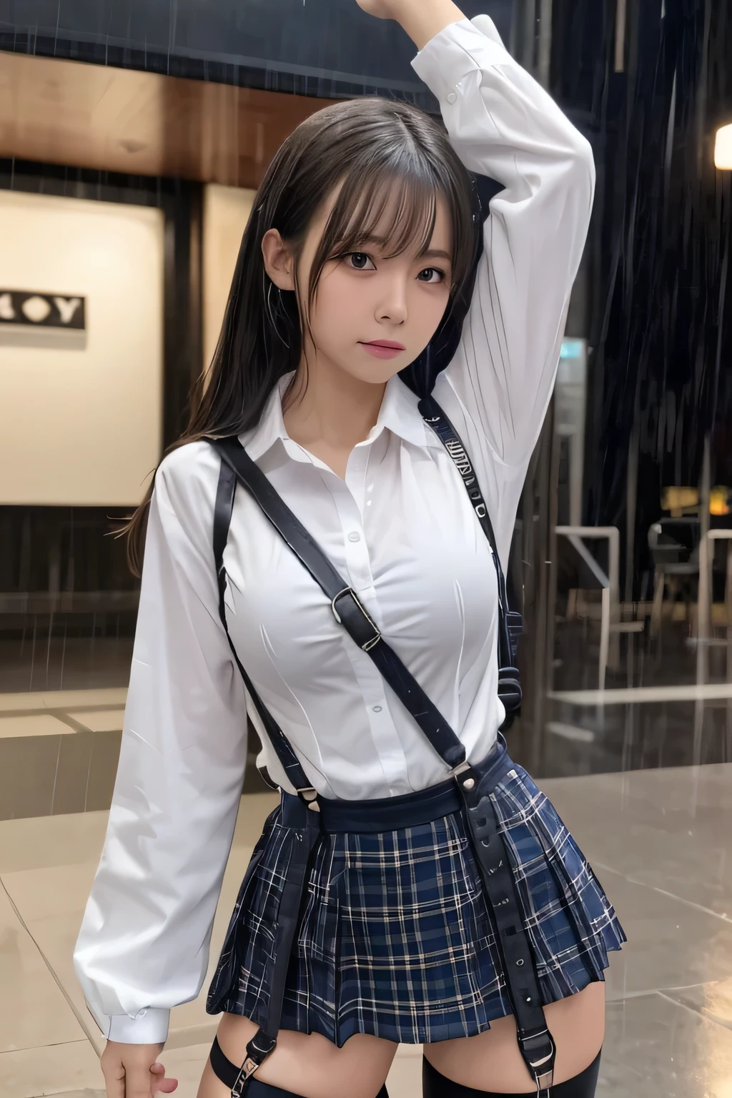 1 female, , high quality, masterpiece, Ultra-high resolution, Cinema Lighting, 1 female, , high quality, masterpiece, Ultra-high resolution, , Cinema Lighting, suspenders Moderate breasts Small face Looking up Sweat Thin belt buzzer 脇Sweat garter belt Belt on pants holster Hands behind your back Looking up Anxious face Knee-high Knee socks Knee-highソックス garter ふとももにgarter belt Checkered mini skirt Panty shot Skirt gap Armament holster holster Hands behind your back Anxious expression Anxious face, legs apart Armament Leg Holster holster See-through clothing heavy rain Rain-soaked dress shirt,Moderate breasts ガーターbelt suspenders Garter on the thigh Checkered mini skirt Looking up Pause belt Armpit sweat Hands behind back Raise your hands