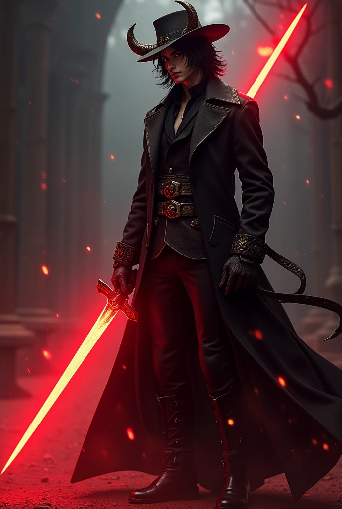 Male red mage, wearing long victorian coat with leather belts leather hat, mid long dark hair, long red glowing rapier, flat horns sprouting from the sides of the cheeks to the sides, menacing pose