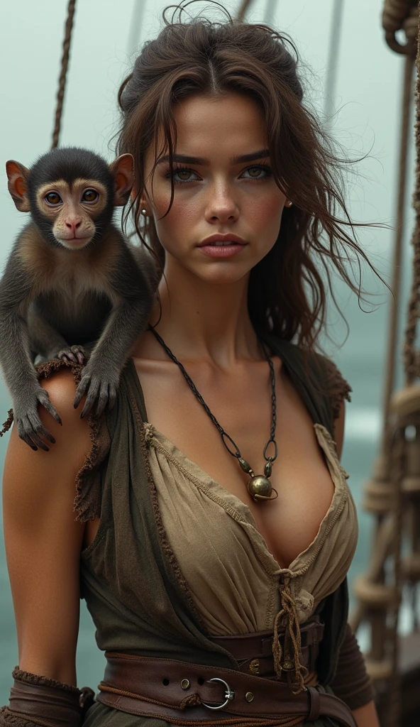 a woman with a young girl's face, with brown hair and bright brown eyes, with a slender and sensual woman's body, medium chest, dressed in a low-cut pirate costume with a small monkey on her shoulder with a small sword, Boarding scene of a ship.