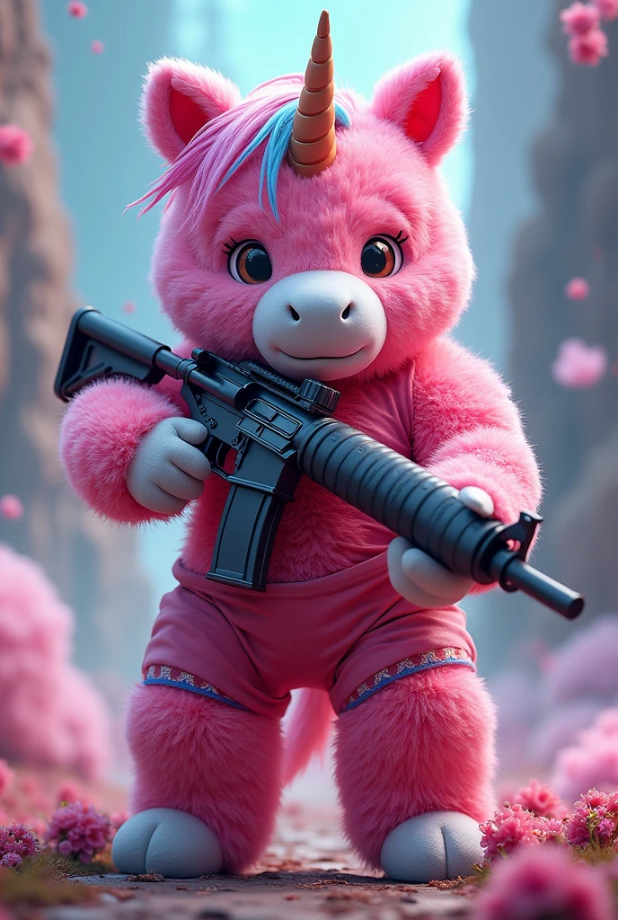 Pink athletic plush unicorn with a rifle and grenade