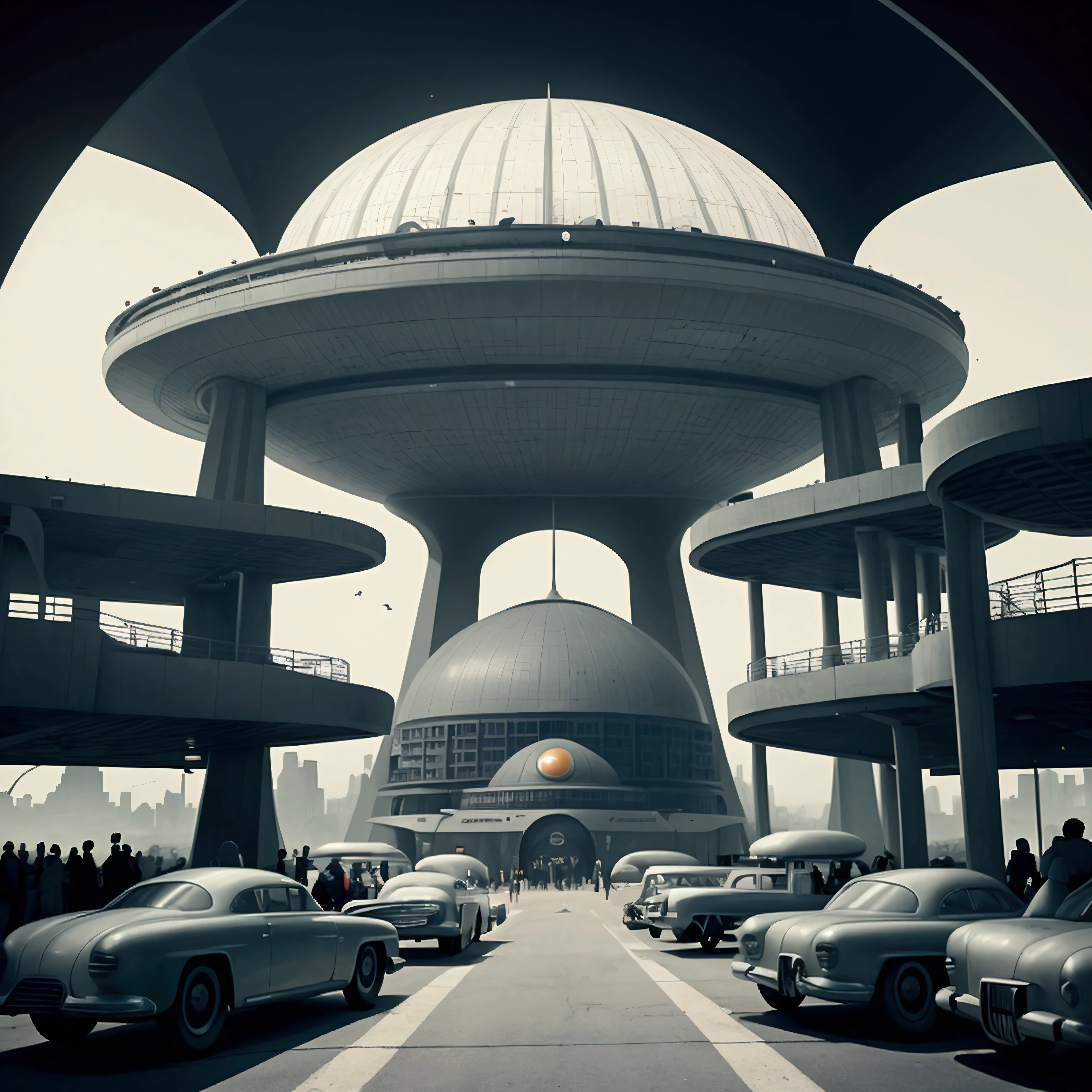 Assembly dome seen from the outside, in a retro-futuristic 1950s style. In the background is a retro-futuristic city. And the walls feature geometric patterns and futuristic murals. The atmosphere is hectic, capturing the energy and diversity of this imagined society. The overall scene combines vintage futuristic design with a sense of community and readiness for adventure.