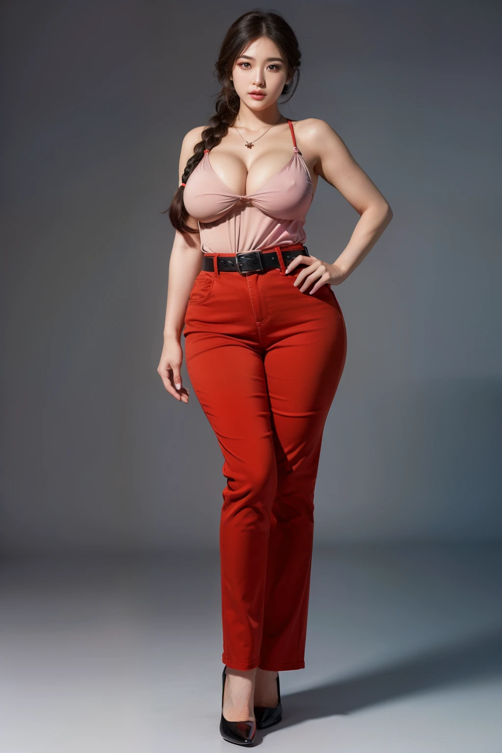 (RAW shooting, Photoreal:1.5, 8k, highest quality, masterpiece, ultra high resolution), perfect dynamic composition:1.2, Highly detailed skin and facial textures:1.2,beautiful and aesthetic:1.2, caucasian:2, standing:2, full body:2, shoes:1.2, necklace:2, Fair skin, (large breast:1.5, Chest gap:1.5),(1girl, tall, long legs, makeup:1.2, single braid, thicc tight:1.1, pink top:2,sleeveless:1.2,red pants:2,belt:1.2),(simple background:1),