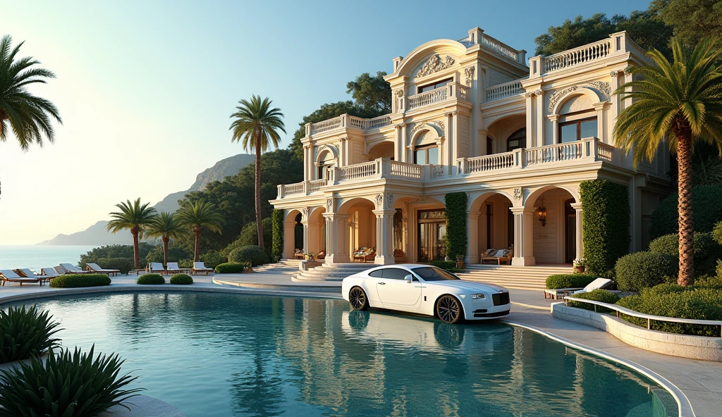 luxury home with a luxury car parked in front of it, behind sea, luxury pool, luxury lifestyle, luxurious environment, luxury architecture, rich house, huge mansion, rich style, luxury and elite, extremely opulent, luxurious, hyper luxurious, majestic masterpiece, wealthy, luxury, stunning grand architecture, exquisite masterpiece, flaunting his wealth, inside a grand, architectural masterpiece