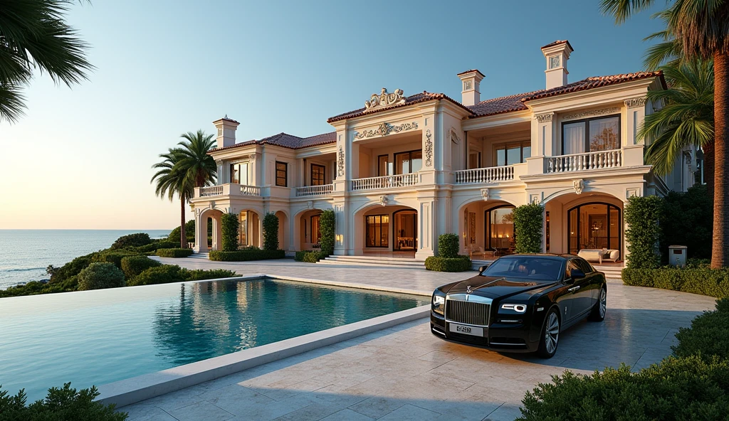 luxury home with a luxury car parked in front of it, behind sea, luxury pool, luxury lifestyle, luxurious environment, luxury architecture, rich house, huge mansion, rich style, luxury and elite, extremely opulent, luxurious, hyper luxurious, majestic masterpiece, wealthy, luxury, stunning grand architecture, exquisite masterpiece, flaunting his wealth, inside a grand, architectural masterpiece