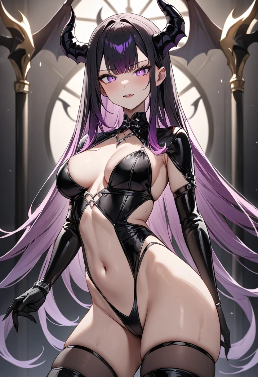 (masterpiece, top quality, very aesthetic, 4k、illustration), intricate detail, 1woman,solo,contrapposto 、Strong glowing eyes、Fair skin,(upper body)、Erotic look 、(Demon Lord、Succubus Queen、Erotic),beautiful face、(gradient hair)、multicolored hair,middle hair,sidelock ,purple eyes、dominatrix、medium breasts、slender 、