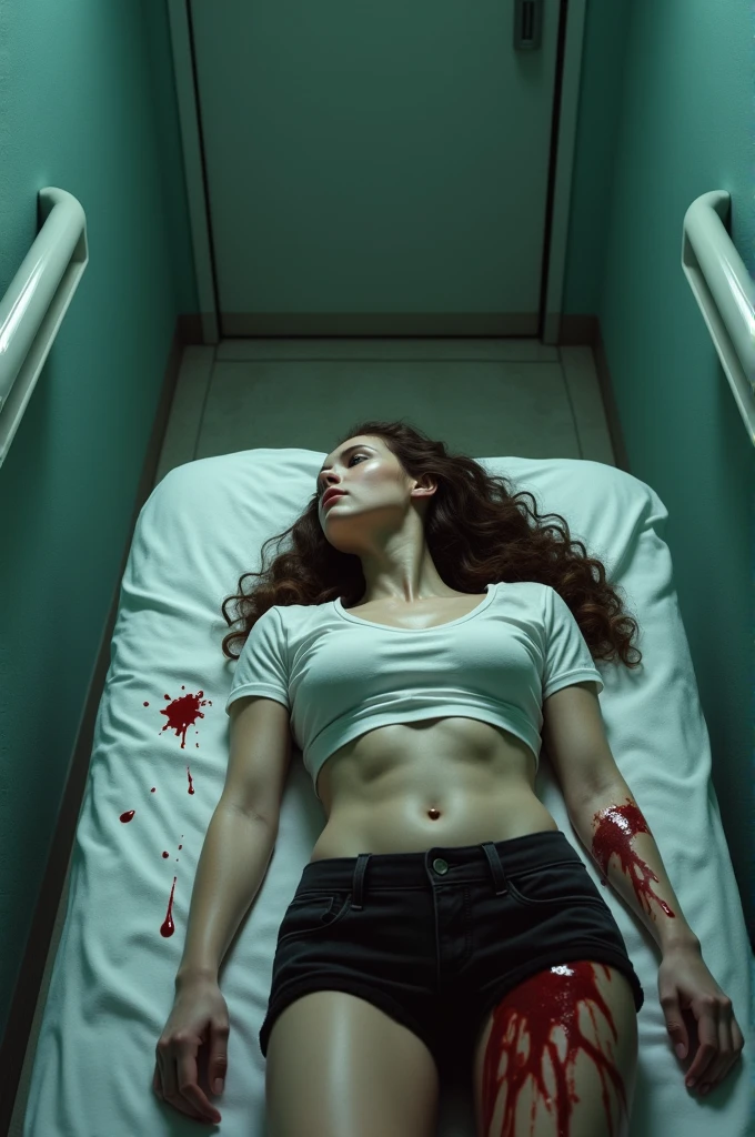 (photorealism:1.2), beautiful and hot white Woman, with beautiful body and legs, big boobs, beautiful nose, thin face, Pale skin, Very curly browm hair, dressing sexy clothes, white t-shirt and Black shorts, dead in The morgue, falled out with a gunshot, and blood dripping of The body. ((Hiper realista)) ((Hiper detalhado)) ((4k Photo))