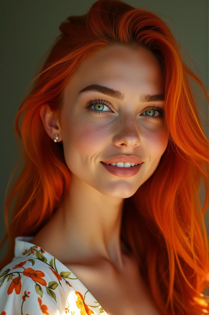 masterpiece portrait of a woman in Montreal at aube, cheveux longs, jolis cheveux bouclés orange, sourire, yeux verts, taches de rousseur, imprimé floral, robe, aube, néon, rayons de lumière, caustique, réflexion de la lentille, ((seulement)), Ismaël_limbe
