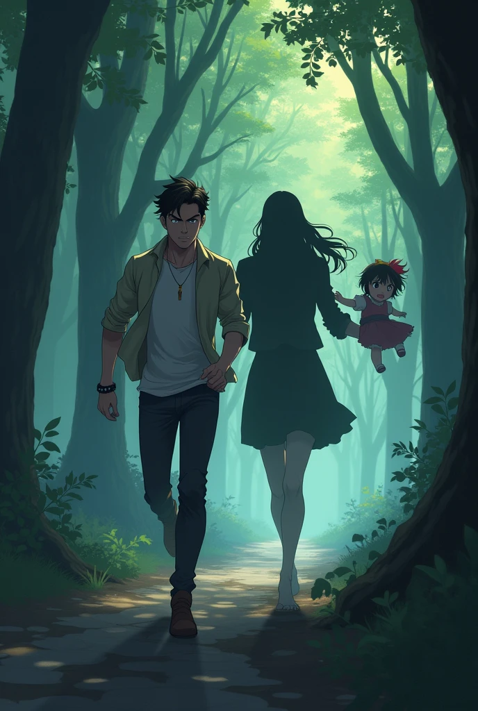 A handsome  man and a woman is wearing a pendant are running with the background of a forest and shadowy man is holding a girl doll. It should look like anime.
