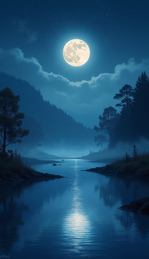 "A peaceful and peaceful night, Bathed in silvery radiance. A harmonious scene of the moon delicately reflected in calm water. Twinkling stars dot the dark sky, casting a magical ambiance. The surrounding nature is shrouded in a light, mysterious mist.. Bring your imagination to life with this night painting full of serenity and peace."