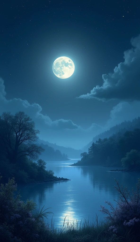 "A peaceful and peaceful night, Bathed in silvery radiance. A harmonious scene of the moon delicately reflected in calm water. Twinkling stars dot the dark sky, casting a magical ambiance. The surrounding nature is shrouded in a light, mysterious mist.. Bring your imagination to life with this night painting full of serenity and peace."