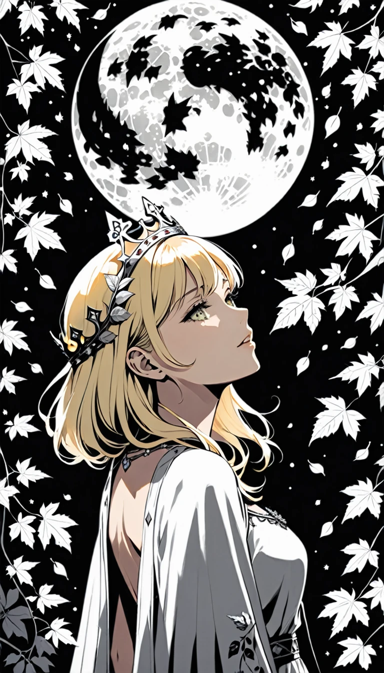 Monochrome conceptual design style, (((from the side))), (((Vision))), (1 girl), evening, (There is a big big moon in the sky: 1.4), ((in the roof)),(((The girl is young blonde, light eyes white and wears a pagan crown of leaves: 1.5))), (Many heart marks)