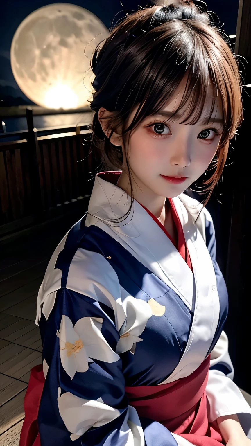 Ultra-realism, Confession in the Moonlight, A girl in a colorful yukata, Announce to the viewers, Staring at me with clear, aesthetic eyes, blush, nervous, Cute upward glance, One big full moon, Very dark night, BREAK Backlight, Underexposed, Unrecognizable facial expression, Aesthetic presentation of moonlight, Dramatic Shadows, Look at me, ずっとあなたのことが好きでした❤️,