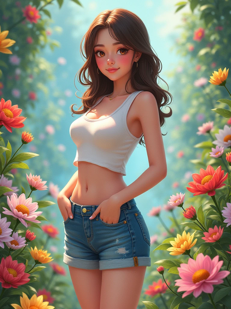a beautiful young lady, wearing beautiful casual clothes, in garden of flowers, full body pictures, realistic anime version, fantasy, beautiful pretty face, highest quality, curve body girl