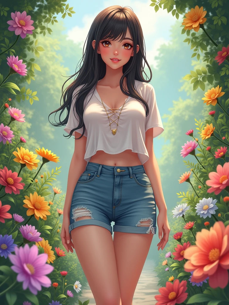 a beautiful young lady, wearing beautiful casual clothes, in garden of flowers, full body pictures, realistic anime version, fantasy, beautiful pretty face, highest quality, curve body girl