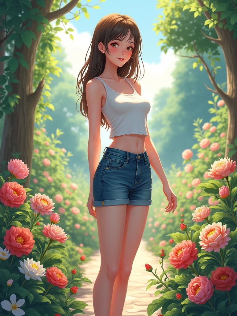 a beautiful young lady, wearing beautiful casual clothes, in garden of flowers, full body pictures, realistic anime version, fantasy, beautiful pretty face, highest quality, curve body girl