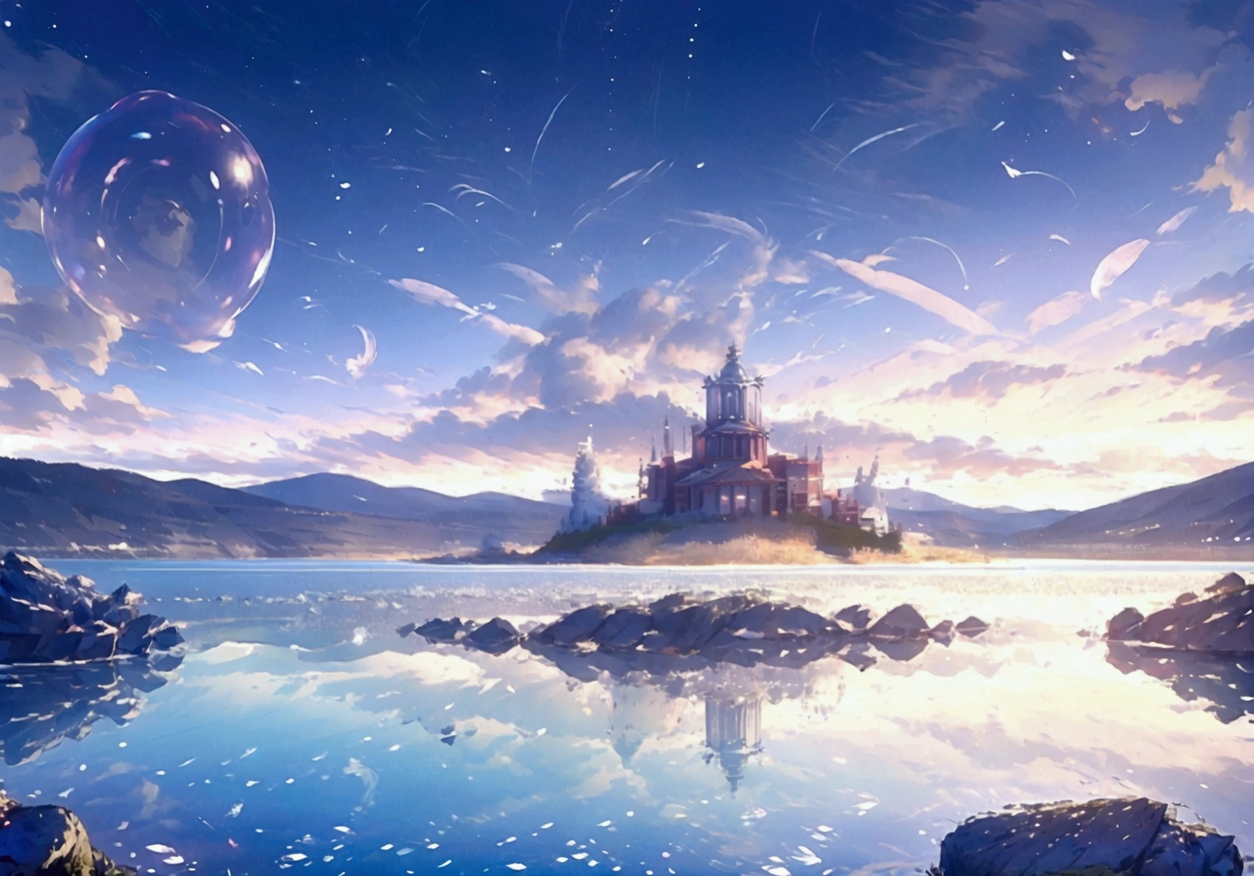 ((Starry Sky))、((Multiple Bubbles))、((View only))、((Feathers scatter))、((There is a lake and rocks))