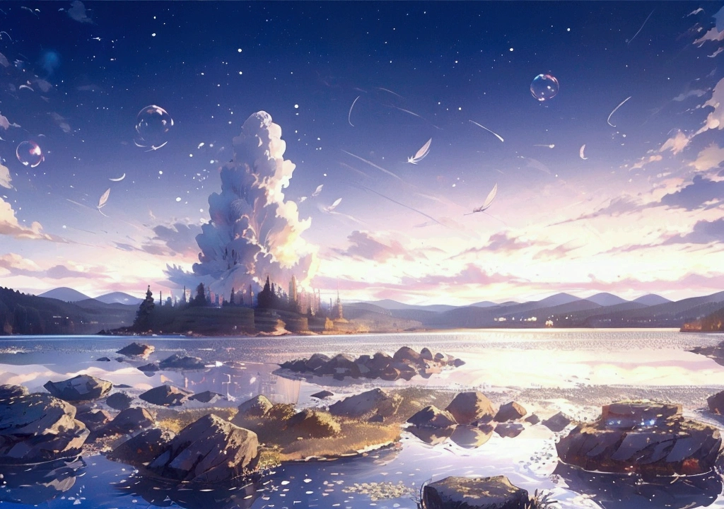 ((Starry Sky))、((Multiple Bubbles))、((View only))、((Feathers scatter))、((There is a lake and rocks))
