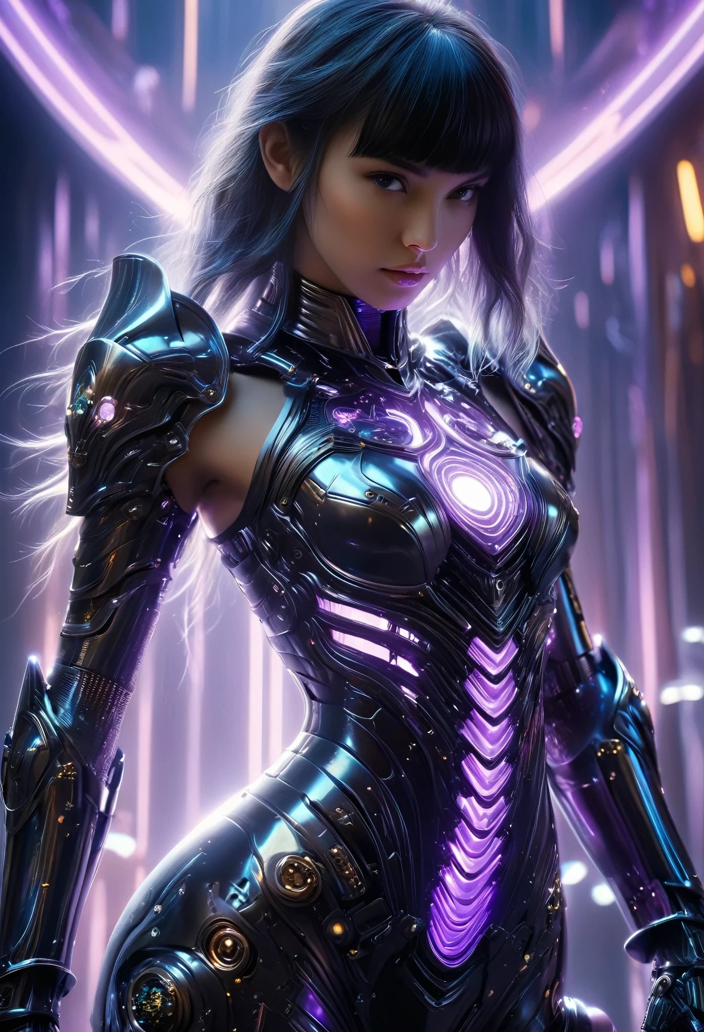 (Best Quality, 4K, 8K, High Resolution, Masterpiece: 1.2), (Super Detailed, Realistic, Photorealistic:1.37), A woman in futuristic clothing, (erotic and sexy:1.4), Trending on cgstation, Trending on cgstation, (Portrait of a girl in the Knights of the Zodiac:1.4), (blunt bangs:1.7), Cute Cyborg Girl, Perfect android girl, Portrait Astronaut Girl, Beautiful girl cyborg, Girl wearing black pale purple iridescent mechanical cyber armor, Game CG, cgsociety and fenghua zhong, Beautiful Cyborg Shrine Maiden, Bioluminescence, (Gal Gadot:0.6), Anatomically correct grip, Anatomically correct four fingers and one thumb, (long claws:1.4), erotic and sexy, A gorgeous cape with beautifully detailed embroidery, energy ball
