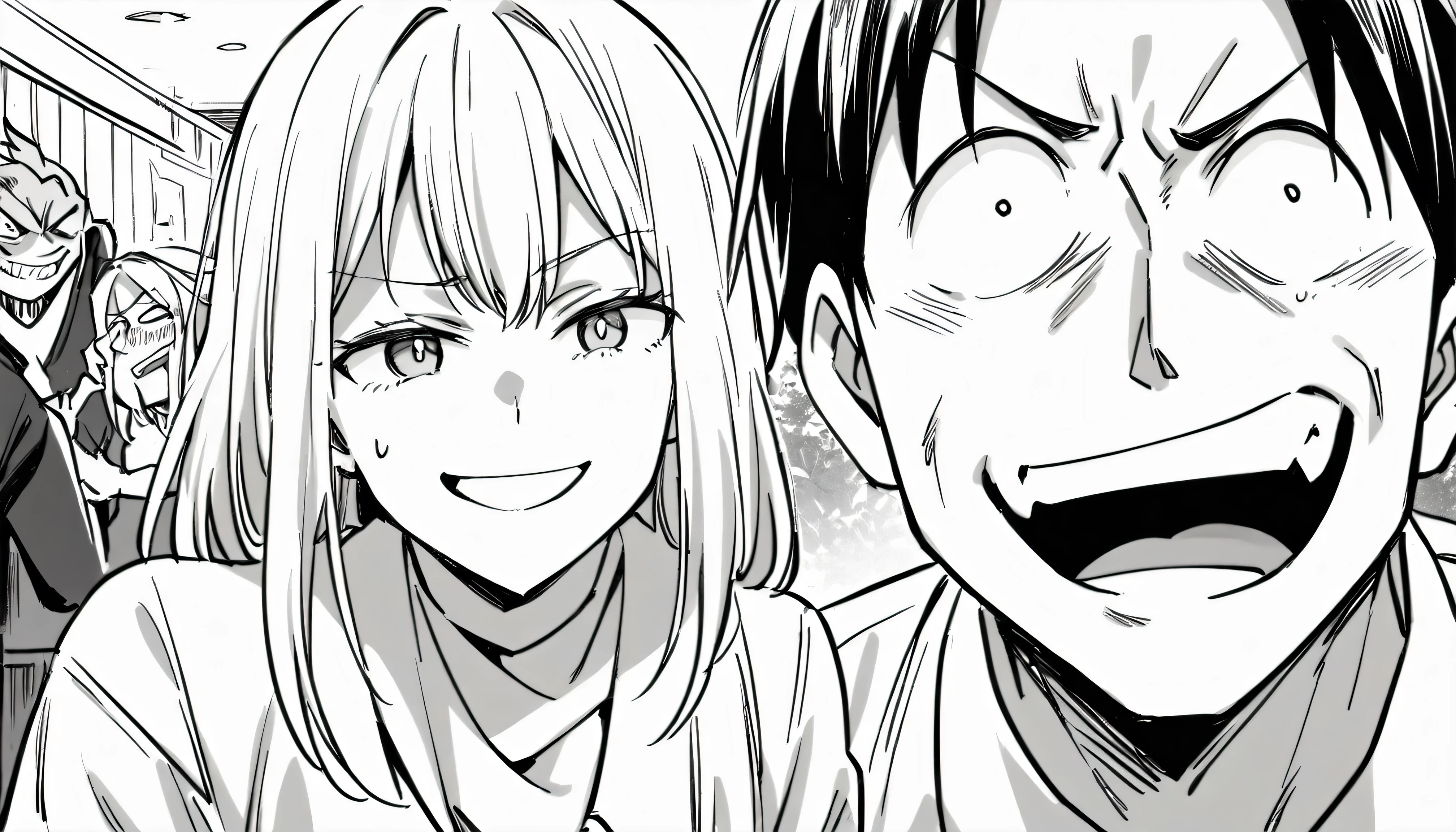 2girl and 1boy looking at me, mocking smile, showing their dark reality and laughing, wall in background, black and white manga image.