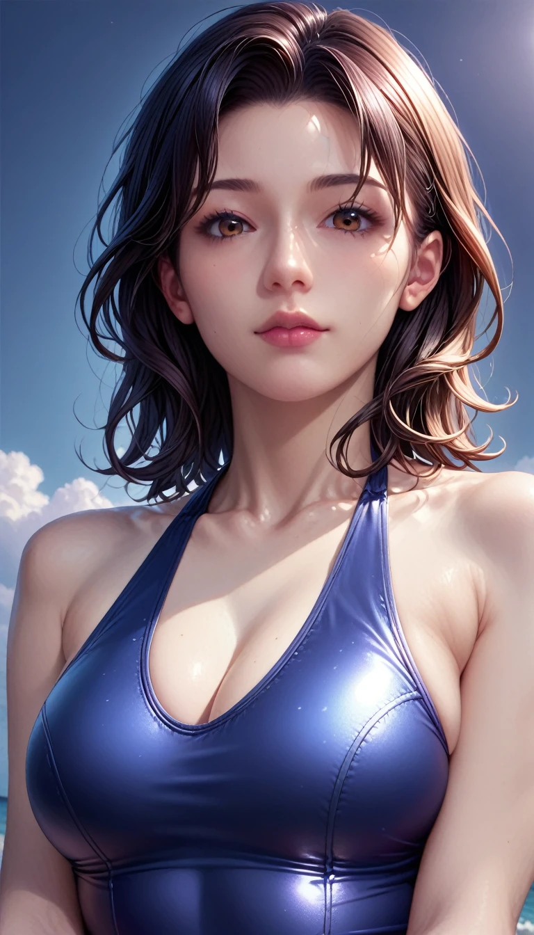 score_9, score_8_superior, score_7_superior, High resolution 3D anime style,A masterpiece in 32K resolution,Highest quality,it is really amazing,Very detailed,Ultra-high resolution,Ultra-realistic,Realistic,Increased depth of field,Cinematic lighting,
(Sexy mature Japan woman:1.2),
(black straight medium hair:1.1),(Ultra-detailed and beautiful face:1.1),(Calm and gentle look:1.1),Beautiful brown eyes,Translucent white skin,Realistic skin texture,Great proportions,
Elegant high leg swimsuit,
Simple design,Chic color scheme,Detailed fabric texture,
(Dark overcast sky on a dull night:1.1),(Dark clouds filling the sky:1),(Thundercloud:1),Coastline at night,Stormy seas,(delay々A desolate sandy beach that continues:1),
(Full body photo:1.1),(Dramatic Angle:1.1),