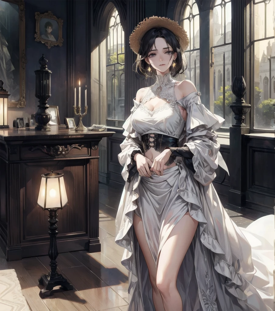 absurdres, RAW photo, extremely delicate and beautiful, masterpiece, Best Quality, ultra high resolution, 32k, hyper realistic, ultra-detailed, Very detailed CG 8k wallpaper, detailed background, landscape, Beautiful Lighting, Perfect Lightning, Realistic Shadows, perfect anatomy, anatomically correct, ideal ratio body proportions, perfect figure, Perfect Style, Perfect balance, super Detailed skin, in her 30s, very Slim body, narrow waist, very small head, very small face, delicate facial features, handsome detailed woman, very detailed eyes and face, realistic face proportions, Realistic beautiful face, Realistic beautiful eyes, tearful mole, earring, cowboy shot, very huge round tits, medium short hair, asymmetrical hair, wavy hair, indoor, off-shoulder, midriff, shorts, straw hat, mystery, romanticism, creepy, victorian,