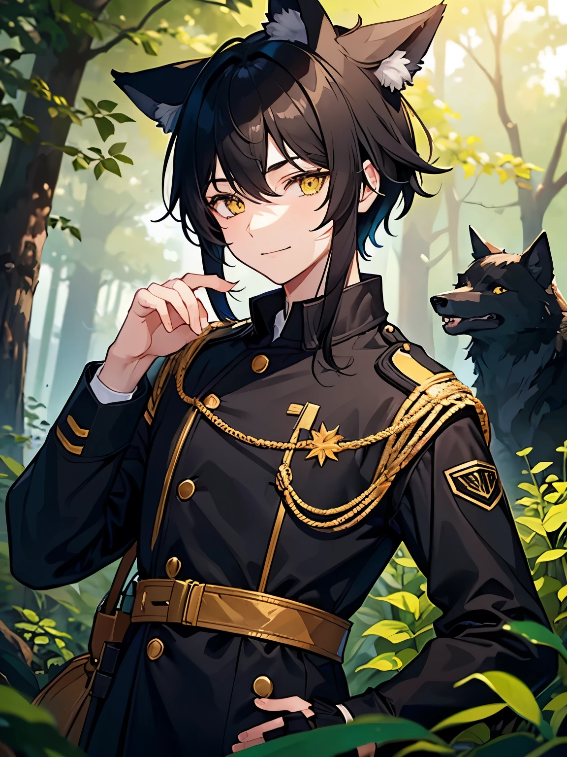 1boy,Black hair, wolf ears, black army uniform, in the forest,slight smile,yellow eyes,Black army hat,hand holding hat