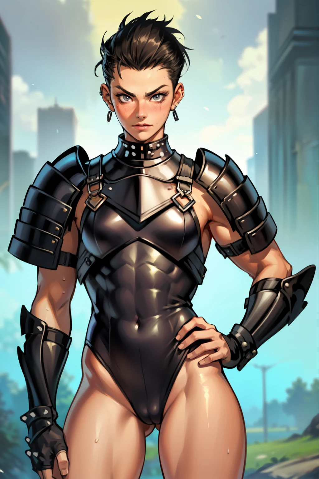 (high resolution, pixel perfect, gorgeous illustrations), (hyper quality, muste piece, etheric: 1.4), (((cowboy shot))), face focus, ((solo)), (((Androgynous, boyish))), (((((punk))))), hot Rocker punk girl, ((((hand on hip, open stance)))), cool atmosphere, black hair, ((((very_short_hair, slicked_back_hair)))), ((((piercing)))), eyelid_piercing, nose_piercing, (((Exquisite face, aroused))), blush, tattoo, ((((muscular_female)))), (ideal ratio body proportions, slender, small breasts), fighter, ((naked armor)), (((highleg_leotard_armor))), (((cameltoe))), sweat, shiny skin, gleaming skin, simple background,