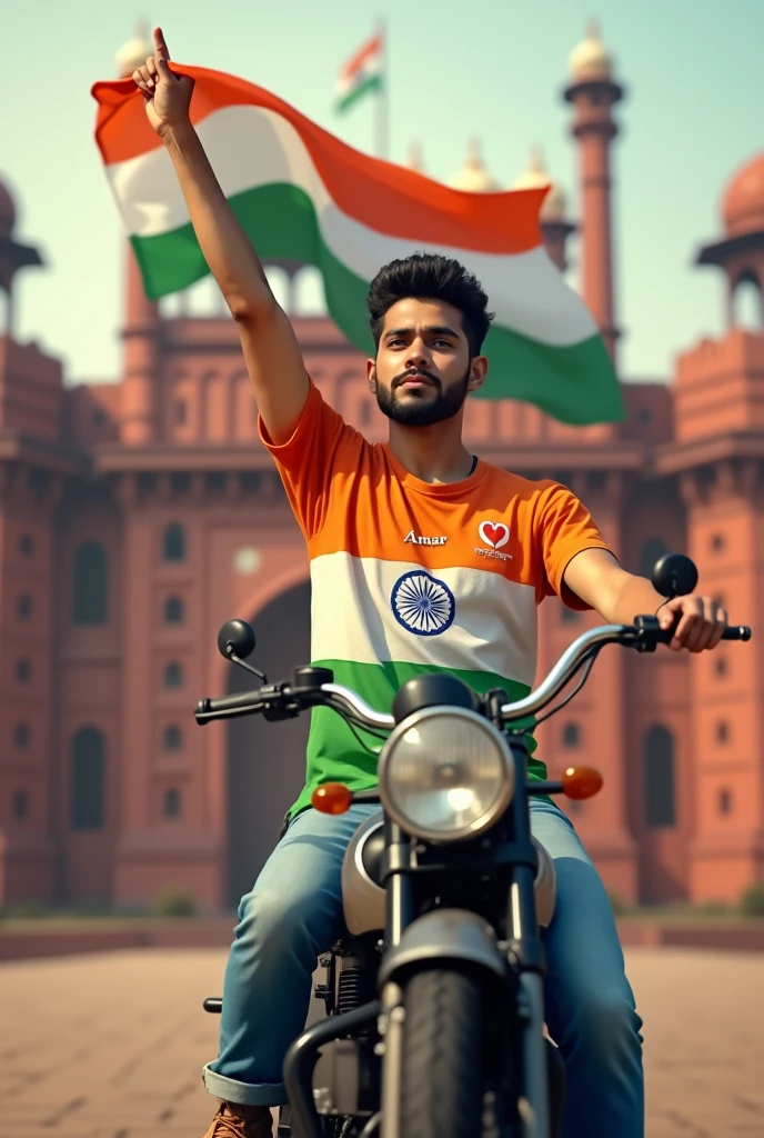 25 year old men , holding up a Indian flag, wearing a t shirt indian flag colour,write name on t shirt Amar, with heart, riding a royal Enfield classic bike one hand on the road , in front of lal kila