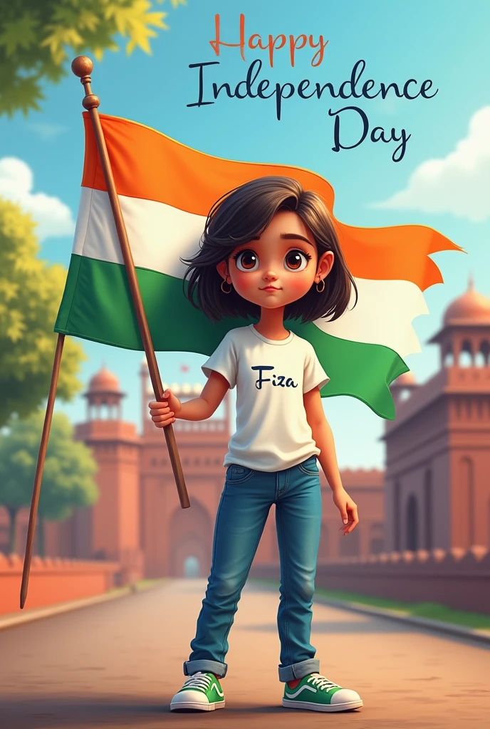 Generate a Realistic girl , Wearing White T shirt blue jeans sneakers and the name "Fiza " is written on his t-shirt and the boy is standing on the road with holding a national flag of India, and behind him is the Red Fort Delhi. And written on sky "Independence Day" Create Realistic image high quality