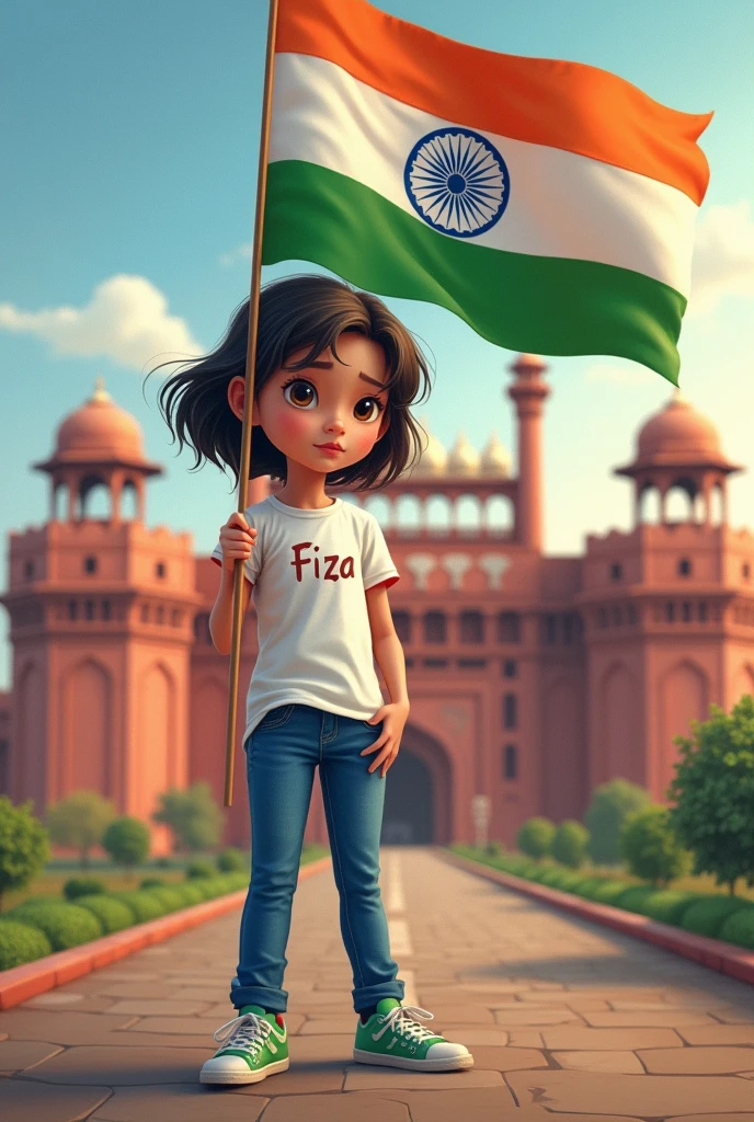 Generate a Realistic girl , Wearing White T shirt blue jeans sneakers and the name "Fiza " is written on his t-shirt and the boy is standing on the road with holding a national flag of India, and behind him is the Red Fort Delhi. And written on sky "Independence Day" Create Realistic image high quality