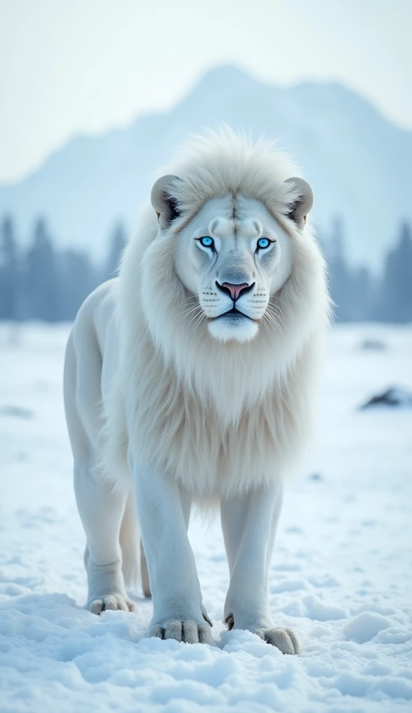 Create a lonely beautiful and fierce albino lion with blue eyes in the snows, 8k high resolution enhance