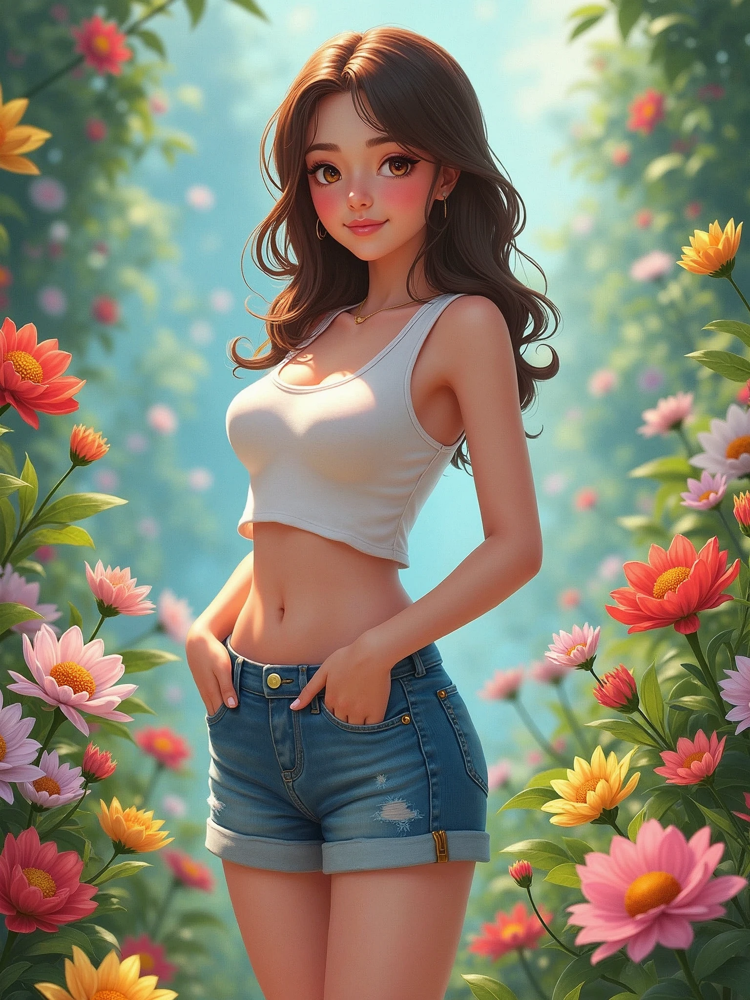 a beautiful young lady, wearing beautiful casual clothes, in garden of flowers, full body pictures, realistic anime version, fantasy, beautiful pretty face, highest quality, curve body girl