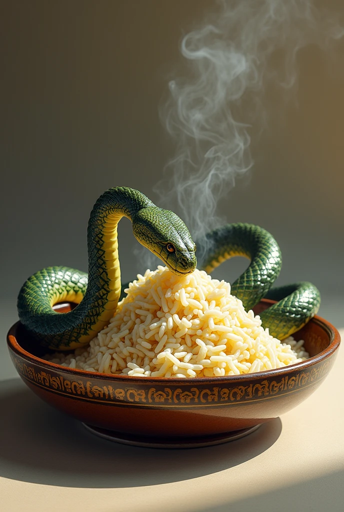 Create a image snake eating rice in a plate named Mushkbudji