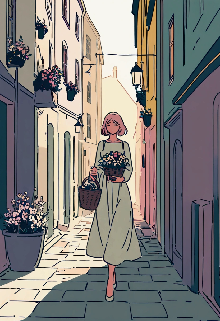 A woman in a white dress, carrying a basket of flowers. Flat colors, chic and soft atmosphere. Soft light, walking through a European street. Plants, simple and beautiful color scheme. Retro.