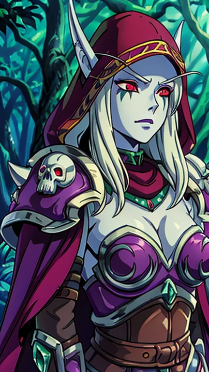(1girl, WowSylvanas), (extremely detailed CG unit 8k wallpaper),(master part), (best quality), (ultra detail), (best illustration),(melhor ombre), cowboy shot, (Sharp eyeliner, ombre, detailed eyes:1), woods, outdoors background,break , (ghibli style), upper body, long hair, breasts, red eyes, cleavage, medium breasts, white hair, horns, hood, cape, armor, glowing, pointy ears, colored skin, elf, shoulder armor, pale skin, glowing eyes, cloak, spikes, hood up, forest, pauldrons, skull, shoulder pads, undead,