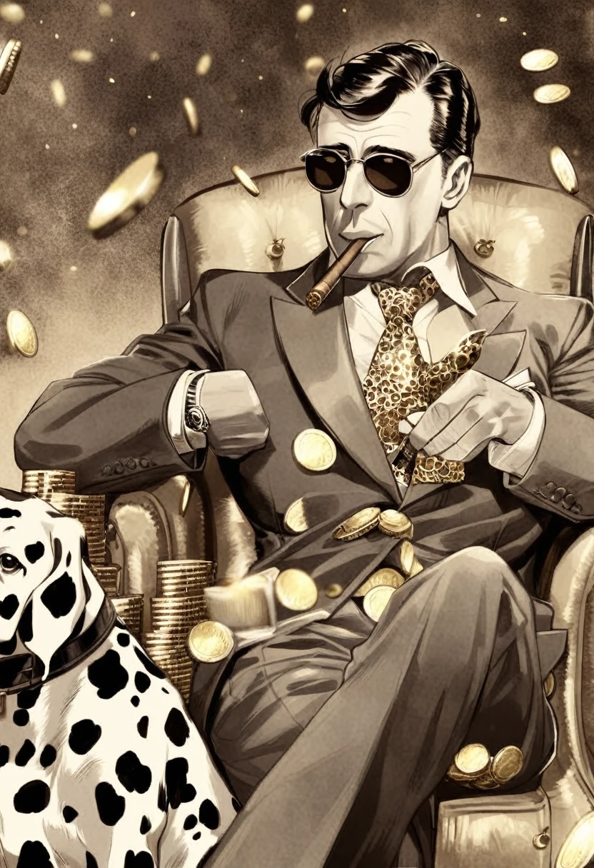 Wear sunglasses, An old Dalmatian dog with a cigar and a mafia boss sitting in an armchair, Gold coins falling from the sk, Vintage Sepia Photography,