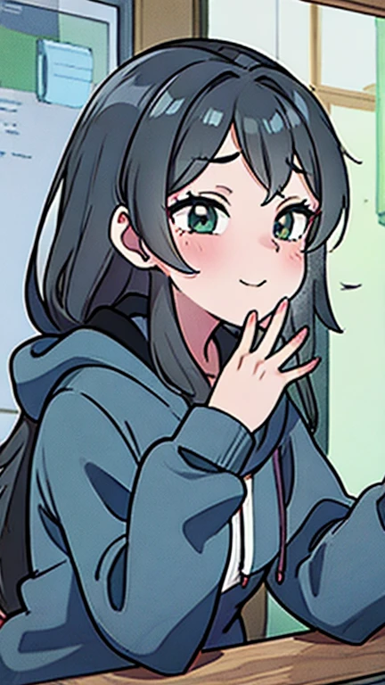 a girl index finger on her cheeks long hair . black + grey hair , hoodie ( pastel green ) high school student