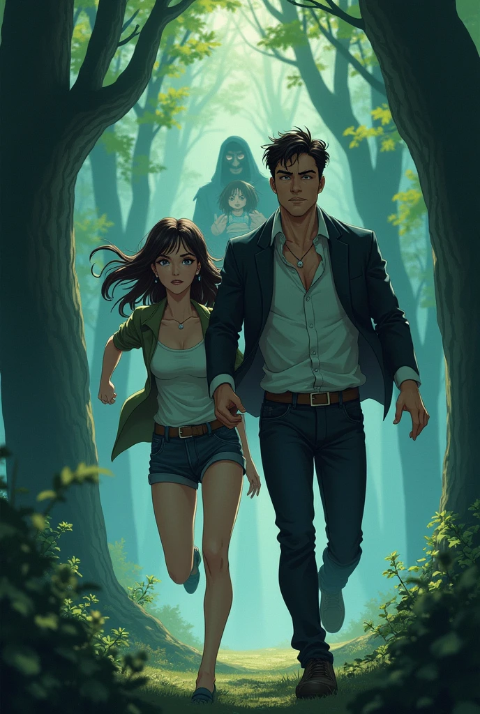 A handsome man and a woman is wearing a pendant are running with the background of a forest and shadowy man is holding a girl doll. It should look like anime.
