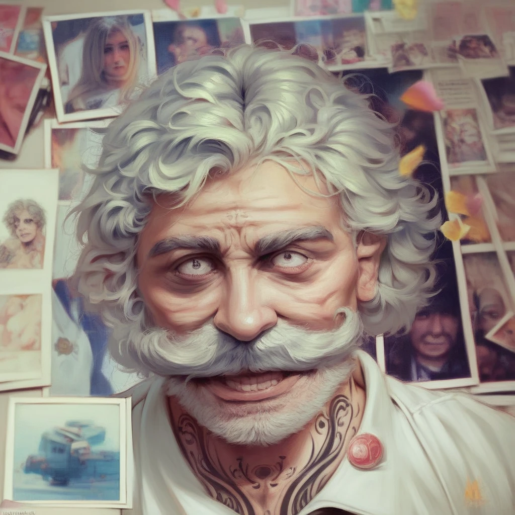 detailed portrait of a man, caricature style, funny smiling expression, tattoos on skin, red messy hair, thick mustache, oversized expressive eyes, black penetrating eyes, (best quality,4k,8k,highres,masterpiece:1.2),ultra-detailed,(realistic,photorealistic,photo-realistic:1.37),HDR,UHD,studio lighting,ultra-fine painting,sharp focus,physically-based rendering,extreme detail description,professional,vivid colors,cartoon,small stature,clear focus,high clarity