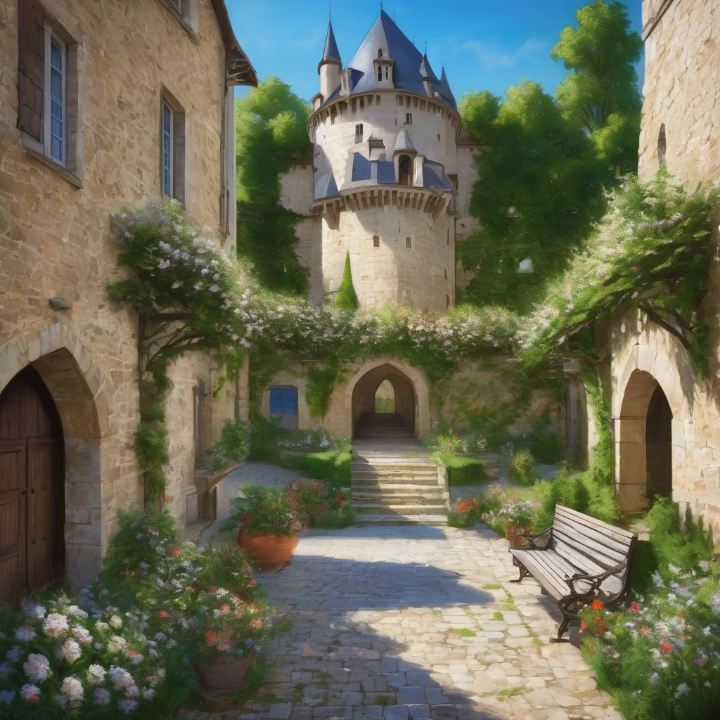 A courtyard of a Beautiful medieval castle, summer day, blooming tree, bushes , france, painting, variously, ultradetalisation, different details, garden bench, stairs, architectural details