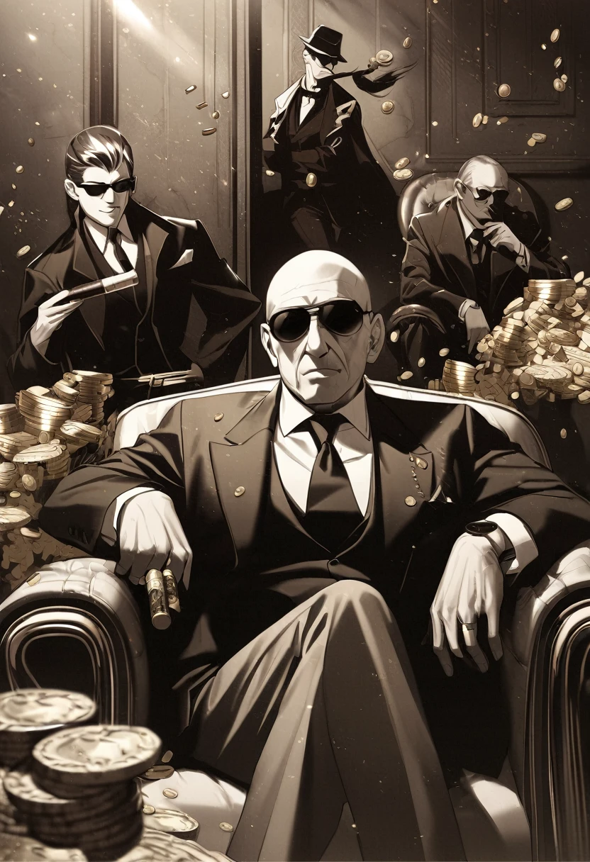 Wear sunglasses, An old Dalmatian dog with a cigar and a mafia boss sitting in an armchair, Gold coins falling from the sk, Vintage Sepia Photography,