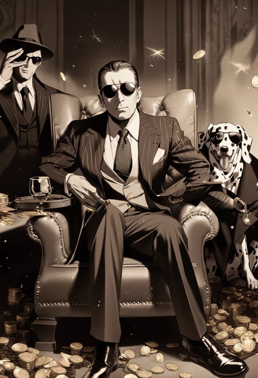 Wear sunglasses, An old Dalmatian dog with a cigar and a mafia boss sitting in an armchair, Gold coins falling from the sk, Vintage Sepia Photography,