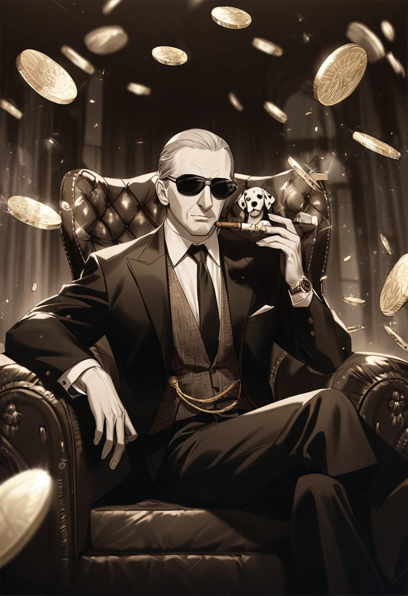 Wear sunglasses, An old Dalmatian dog with a cigar and a mafia boss sitting in an armchair, Gold coins falling from the sk, Vintage Sepia Photography,