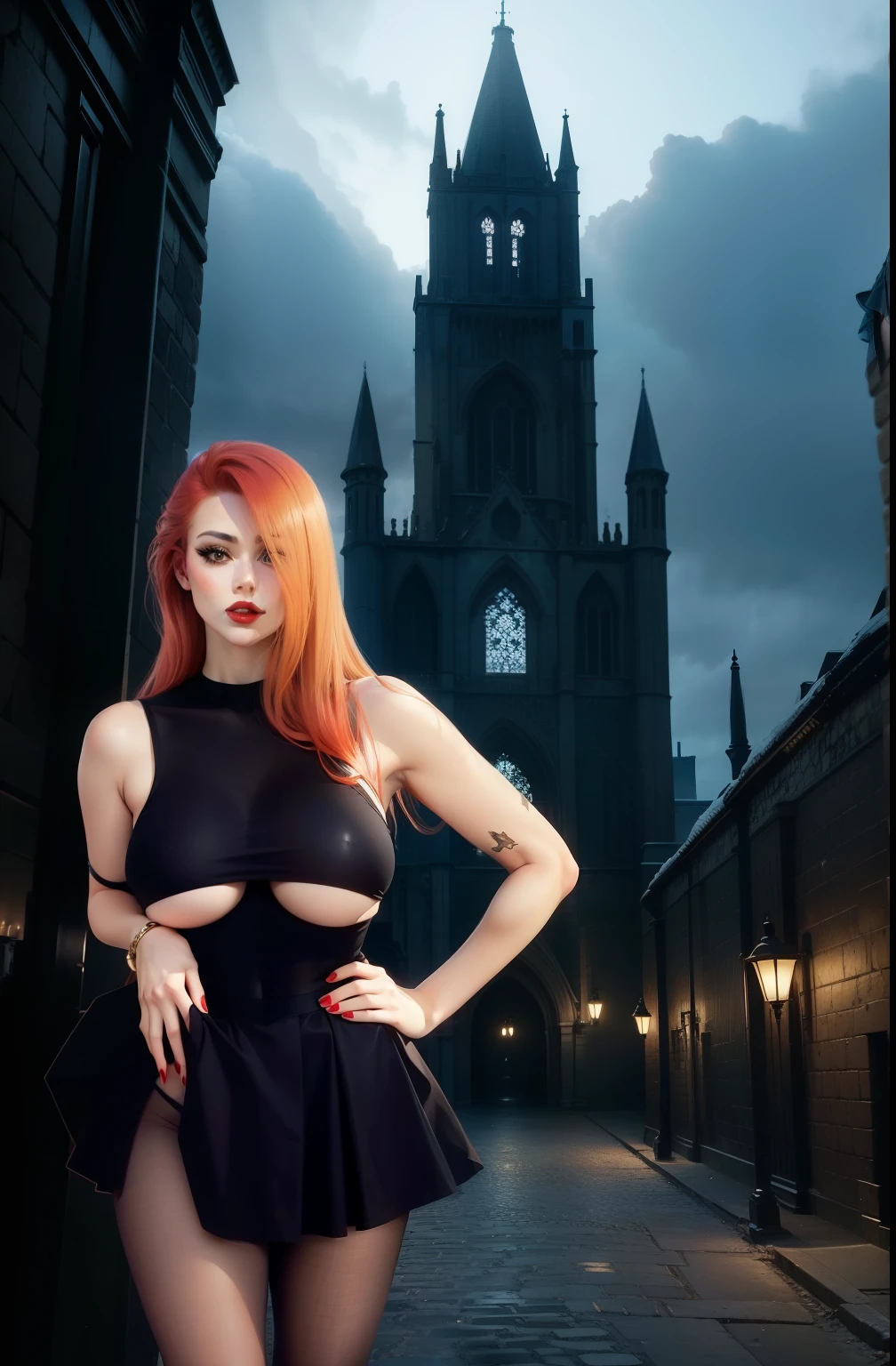 girl standing, red hair, red nails, red lips, sheer top, black skirt, black nylons, pantyhose, tights,